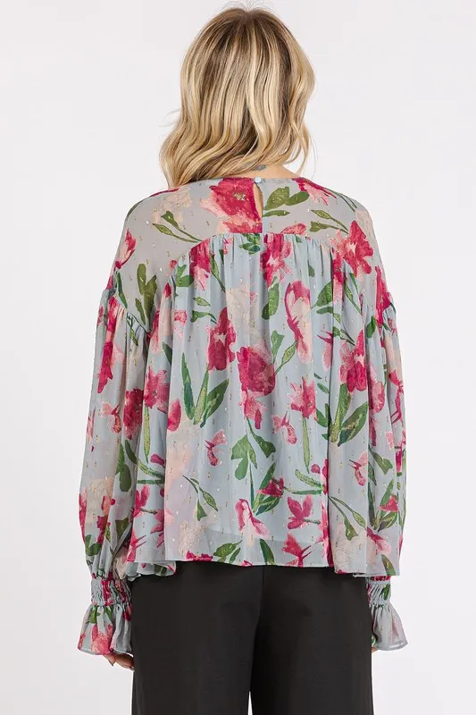 Floral Round Neck Flounce Sleeve Blouse, image 3
