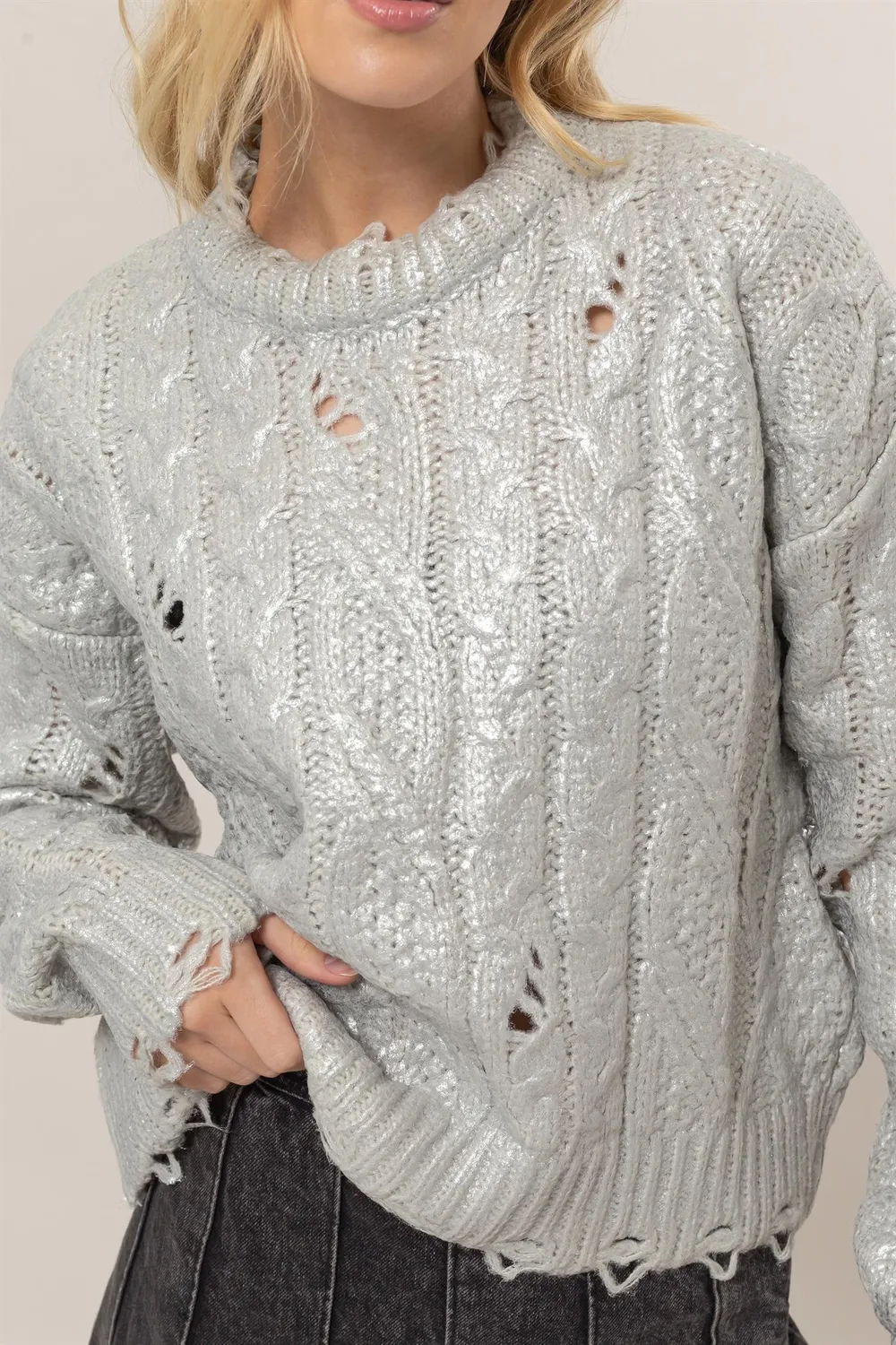 Distressed Cable-Knit Round Neck Long Sleeve Sweater, image 5