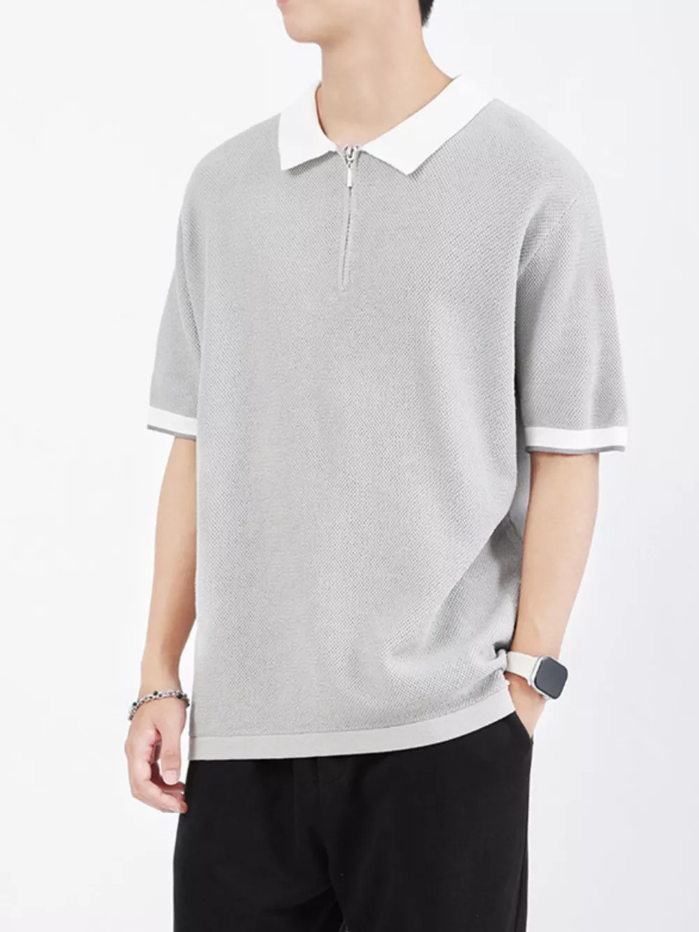 Men's Plus Size Textured Knit Polo with Zipper, image 8