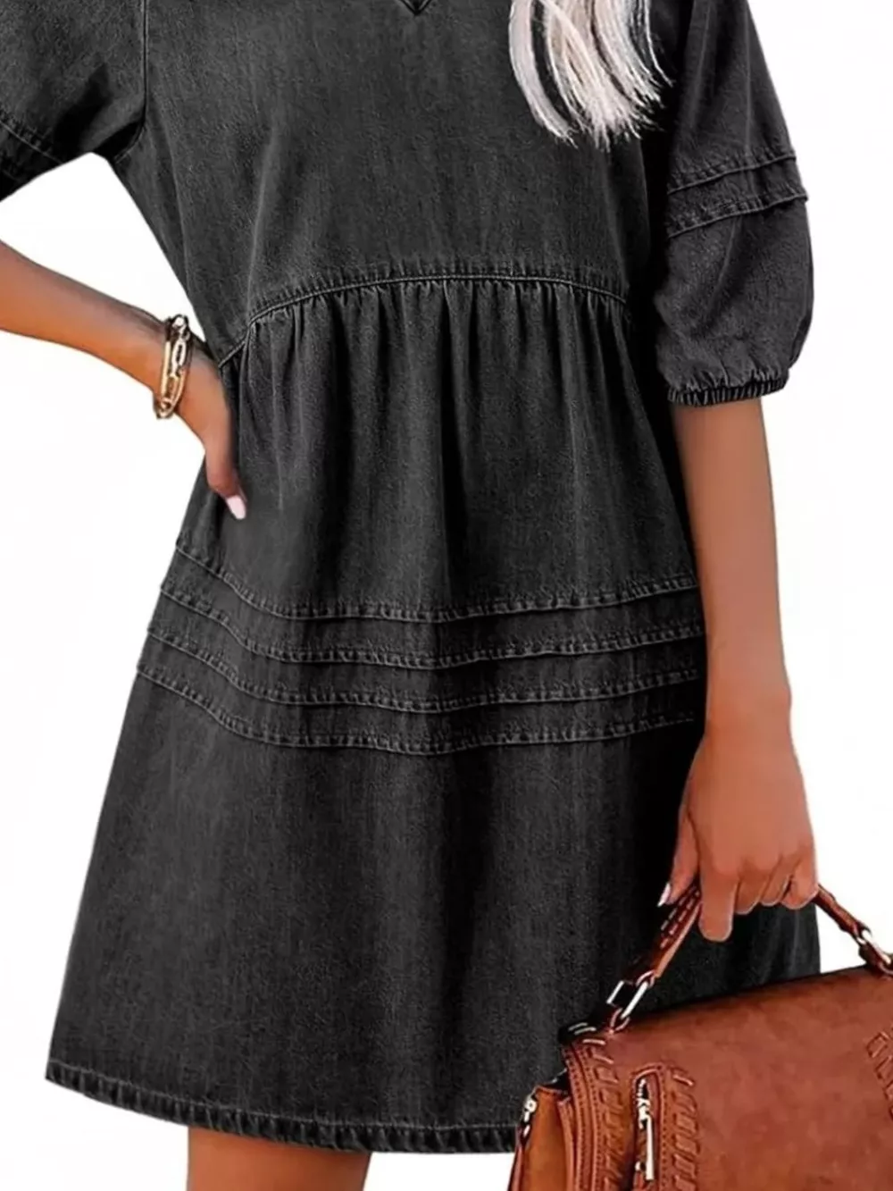 Casual V-Neck Puff Sleeve Denim Mini Dress, image 12