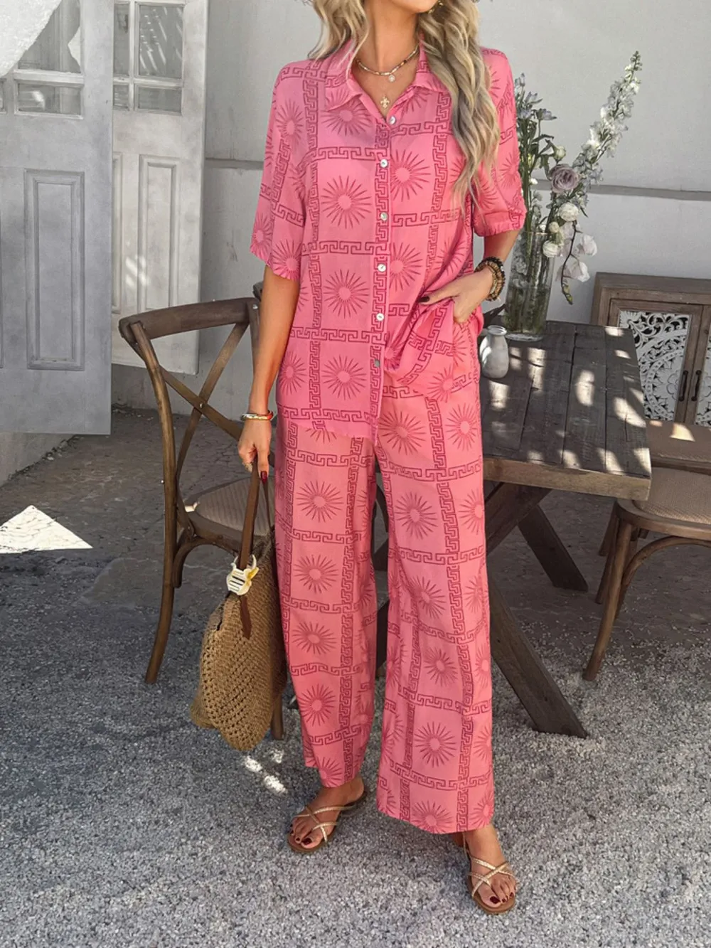 Printed Button Down Shirt and Pants Set, image 8