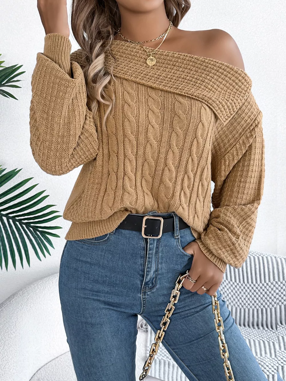 Off-Shoulder Cable Knit Sweater, image 14