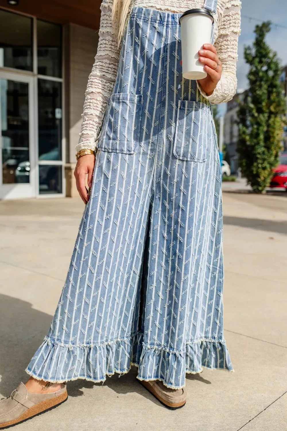 Striped Distressed Ruffled Wide Leg Denim Overalls, image 3
