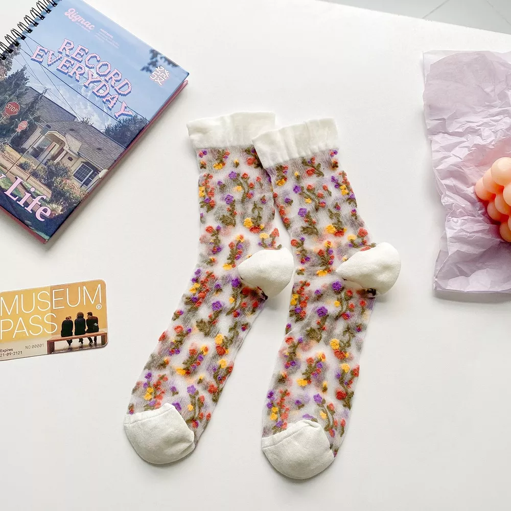 Floral Sheer Crew Socks 5 Pair Set, image 12