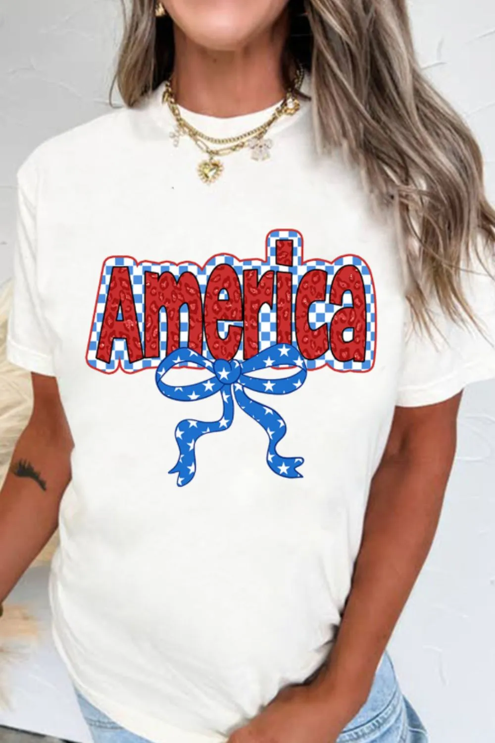 Funky America Letter Bow Round Neck T Shirt, image 2