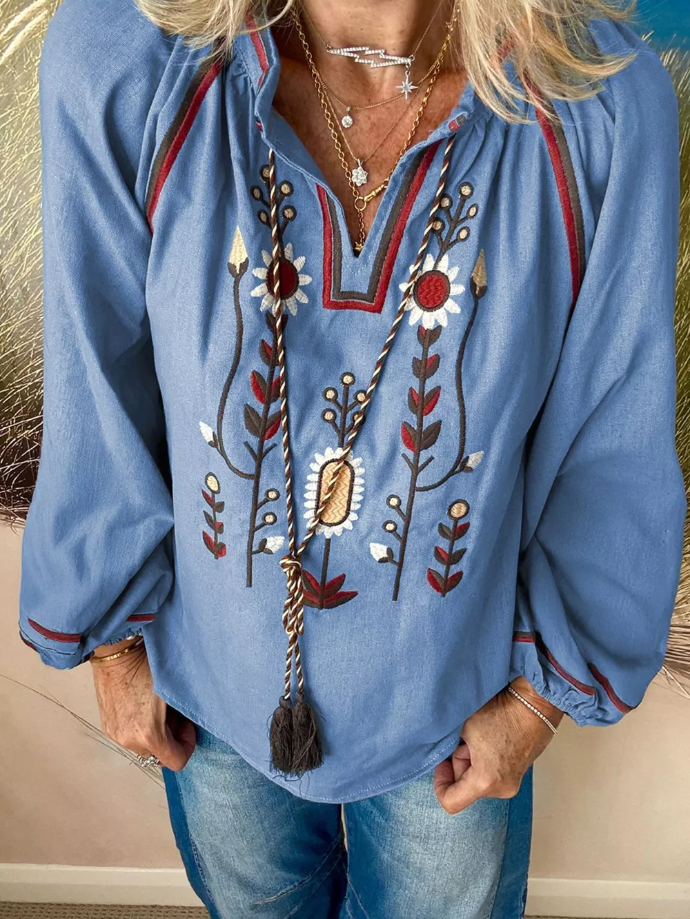 Floral Embroidered Split Neck Tassel Tie Puff Sleeve Blouse, image 4