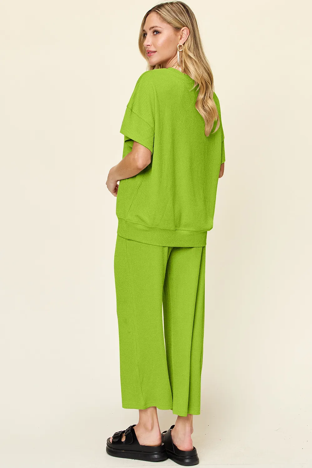 Full Size Texture Round Neck Short Sleeve T-Shirt and Wide Leg Pants, image 23