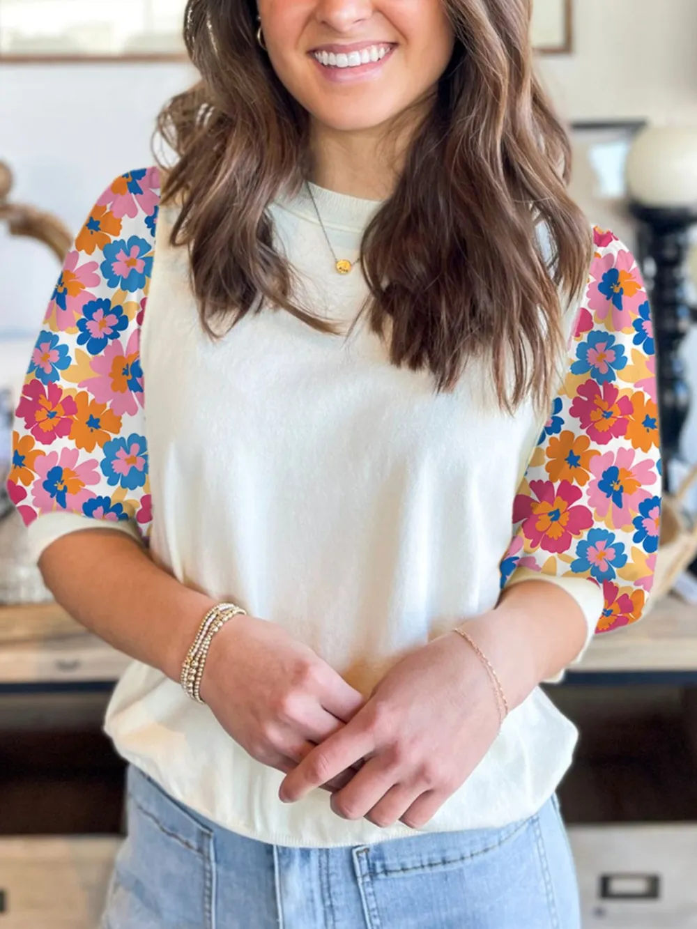 Floral Puff Sleeve Round Neck T-Shirt, image 7