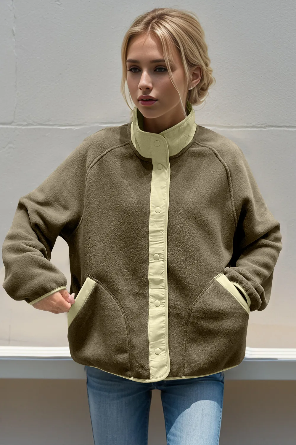 Snap Down Contrast Fleece Jacket with Pockets, image 9