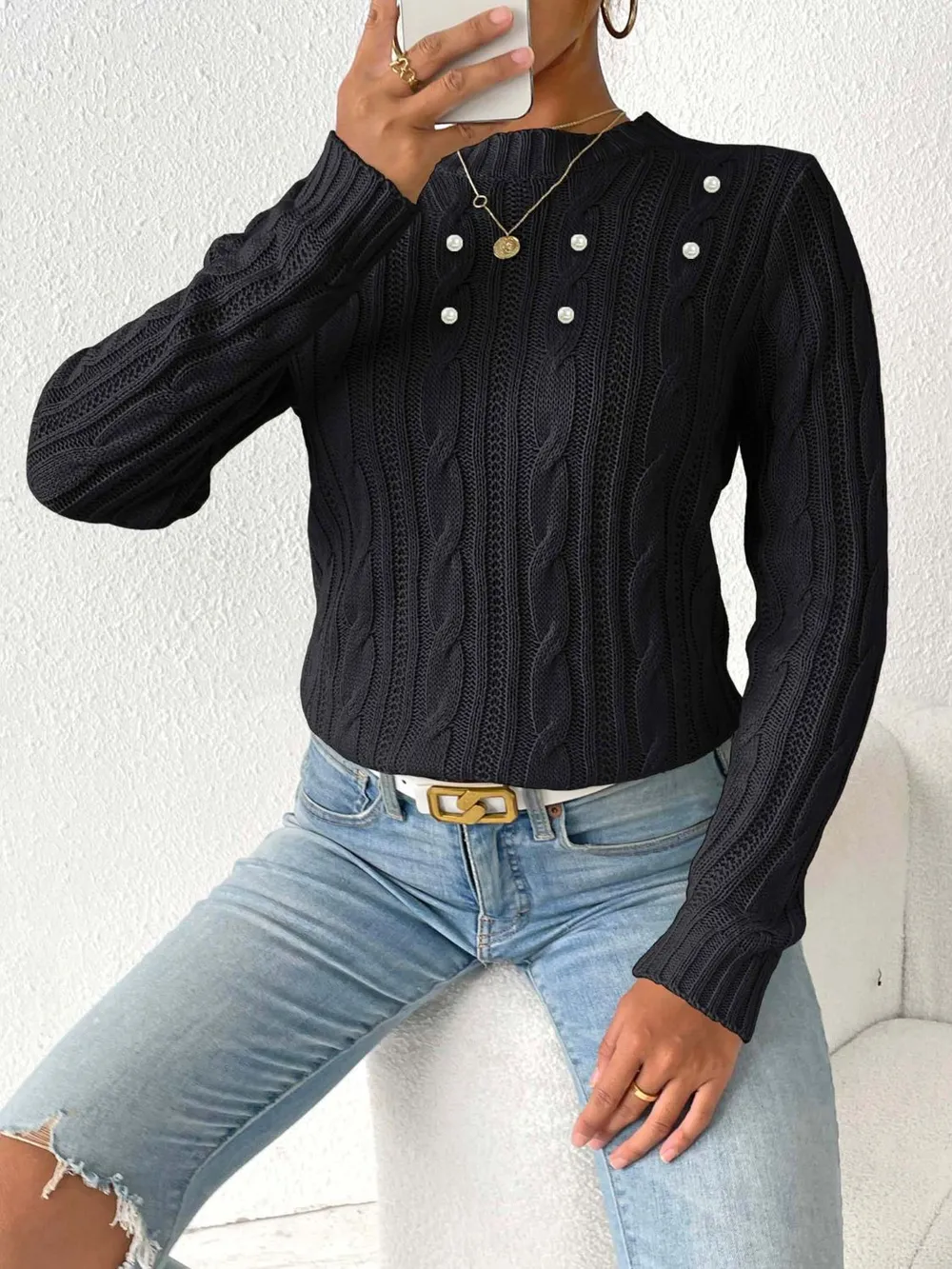 Cable-Knit Round Neck Long Sleeve Sweater, image 11