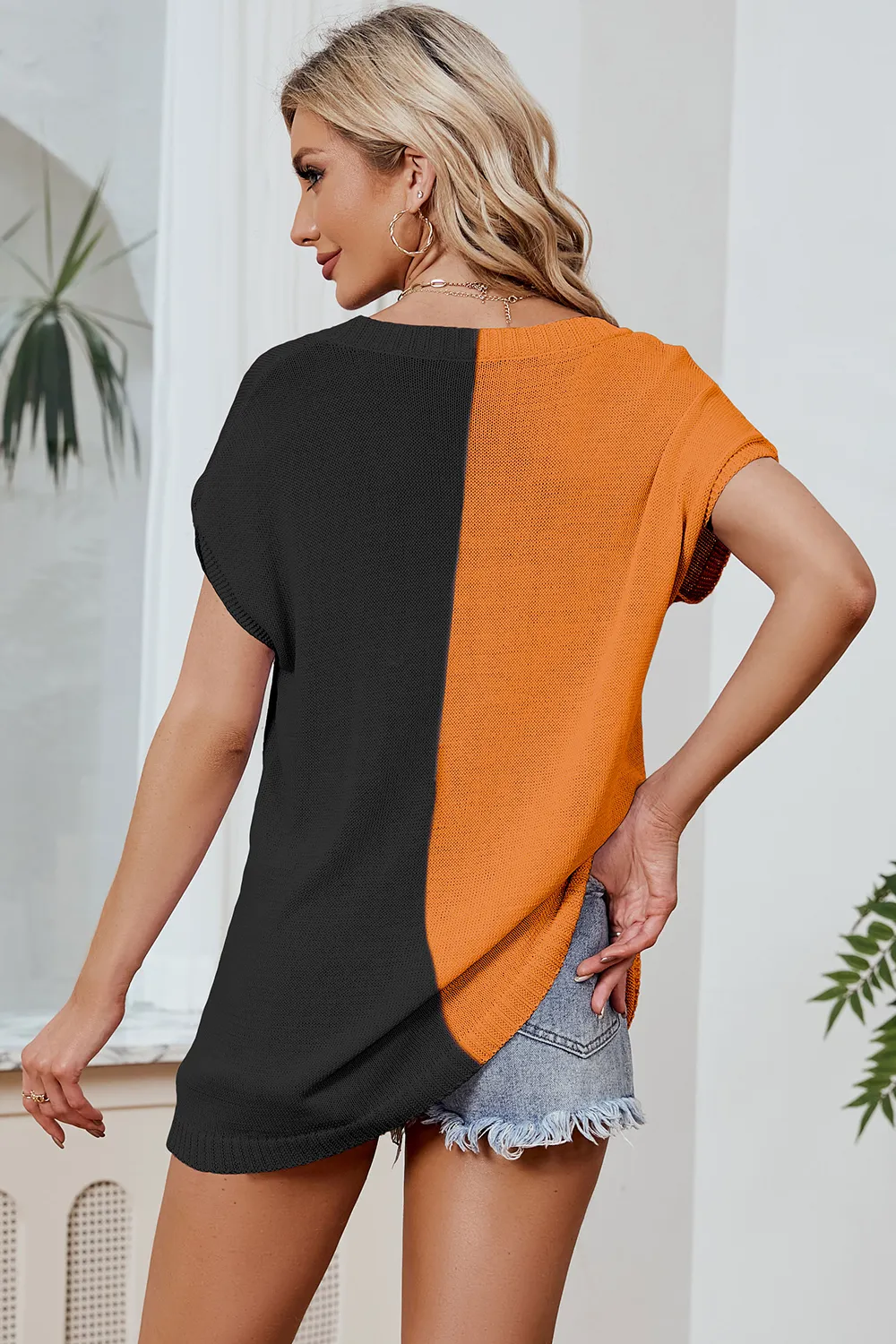 Color Block V-Neck Short Sleeve Knit Top, image 19