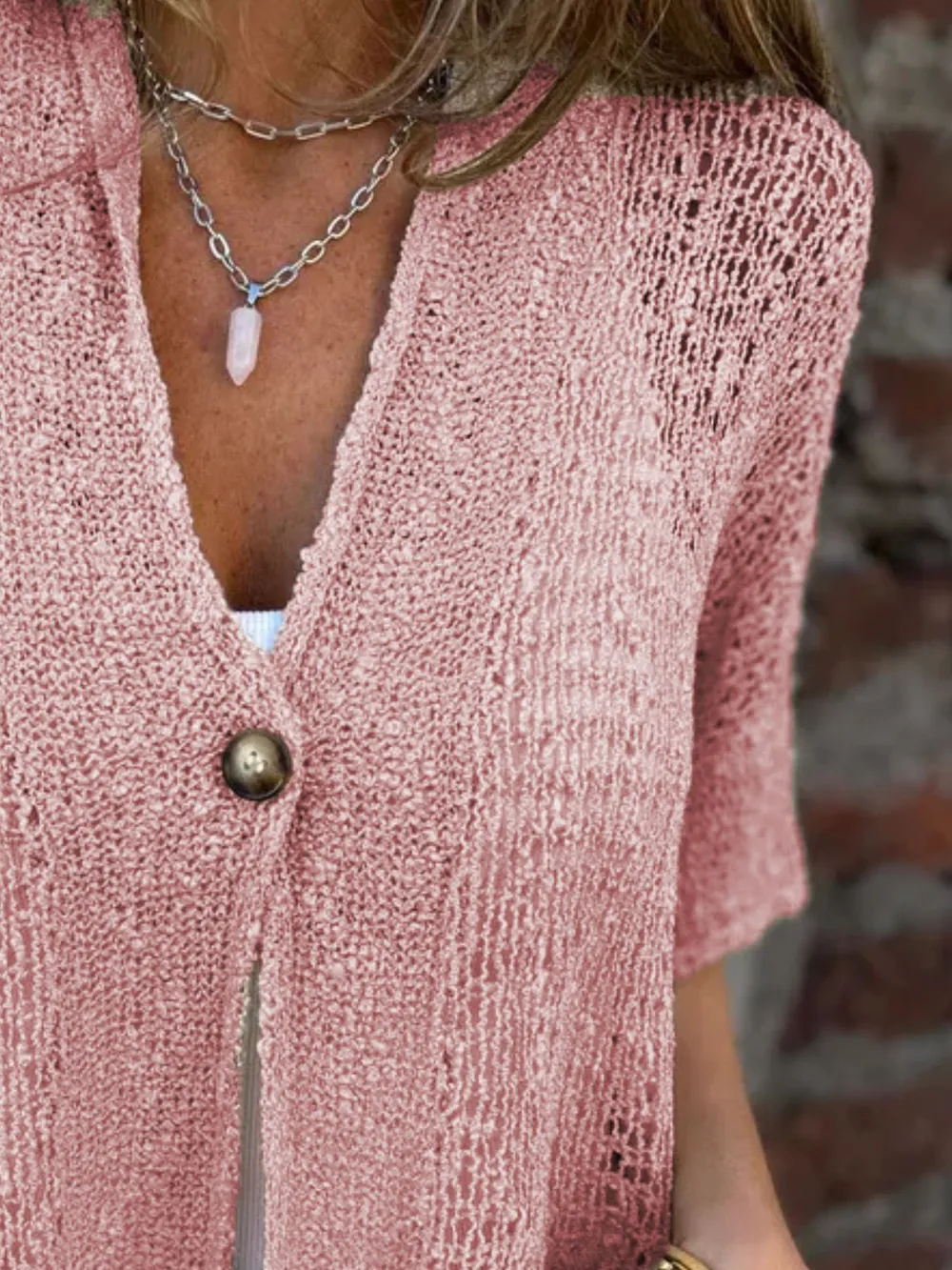 Full Size One Button Openwork Cardigan Plus Size, image 15