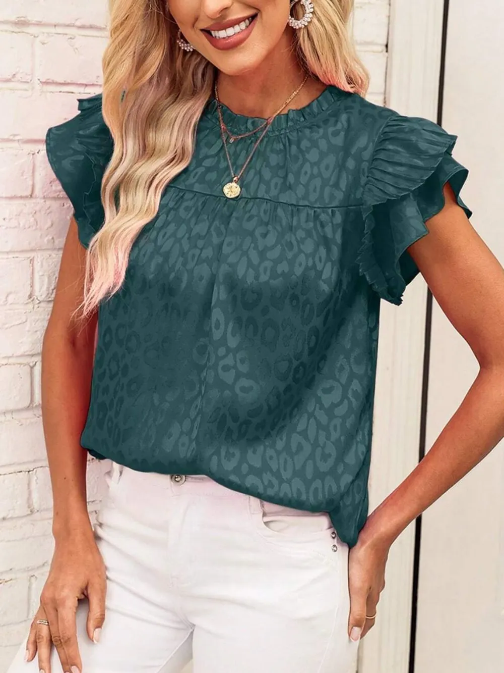 Leopard Frill Mock Neck Ruffled Cap Sleeve Top, image 17