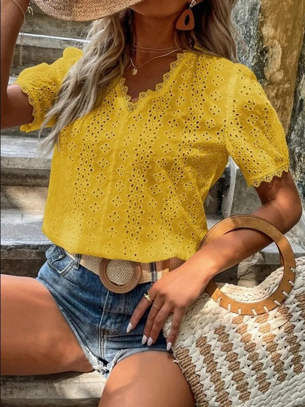 Full Size Lace Detail Eyelet V-Neck Short Sleeve Blouse Plus Size, image 19