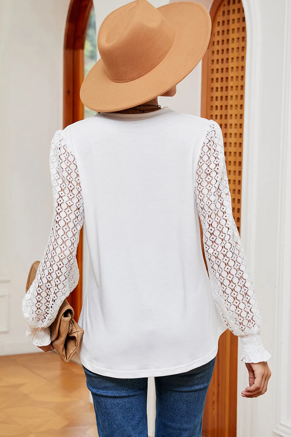Openwork V-Neck Long Sleeve T-Shirt, image 3