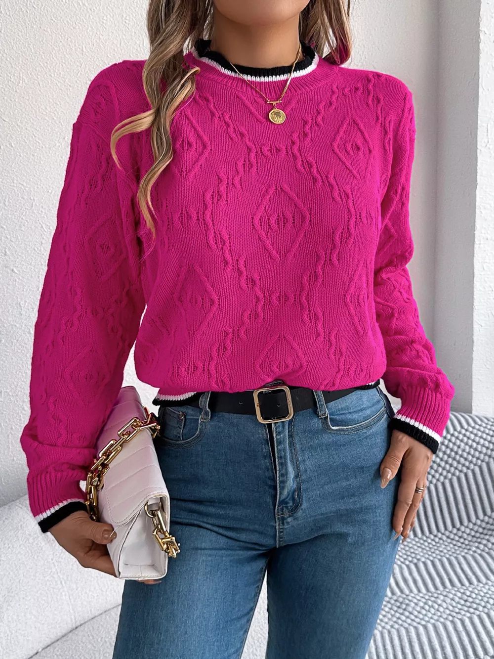Contrast Trim Round Neck Sweater, image 6
