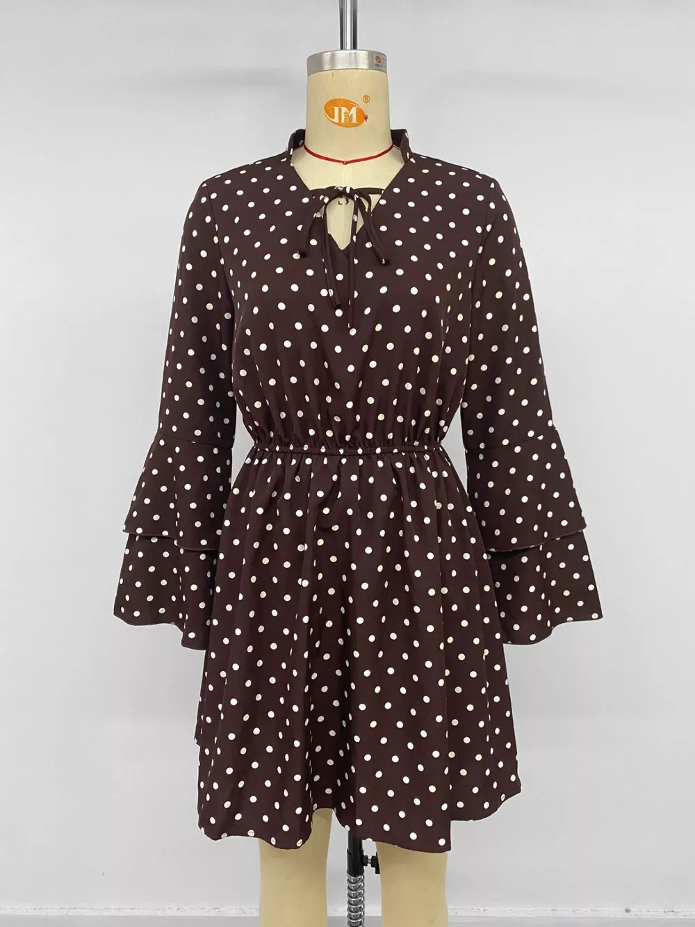 Polka Dot Flare Sleeve Tie Neck Dress, image 6