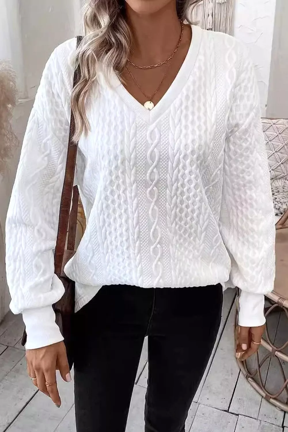 Solid Color Textured V Neck Drop Shoulder Knit Top, image 9