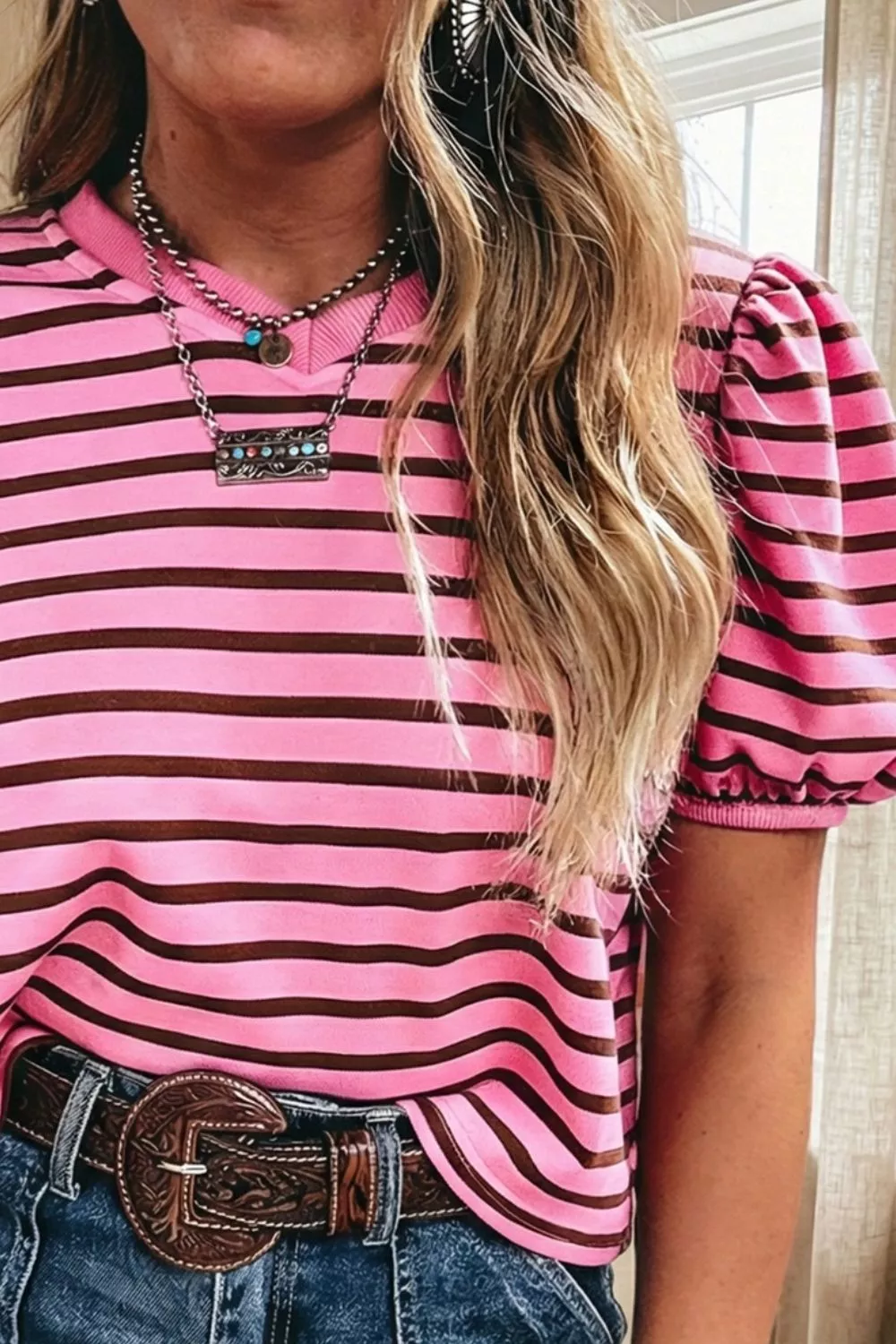 Stripe Striped V-Neck Ribbed Collar Cuff Gathering Puff Sleeve Top, image 3