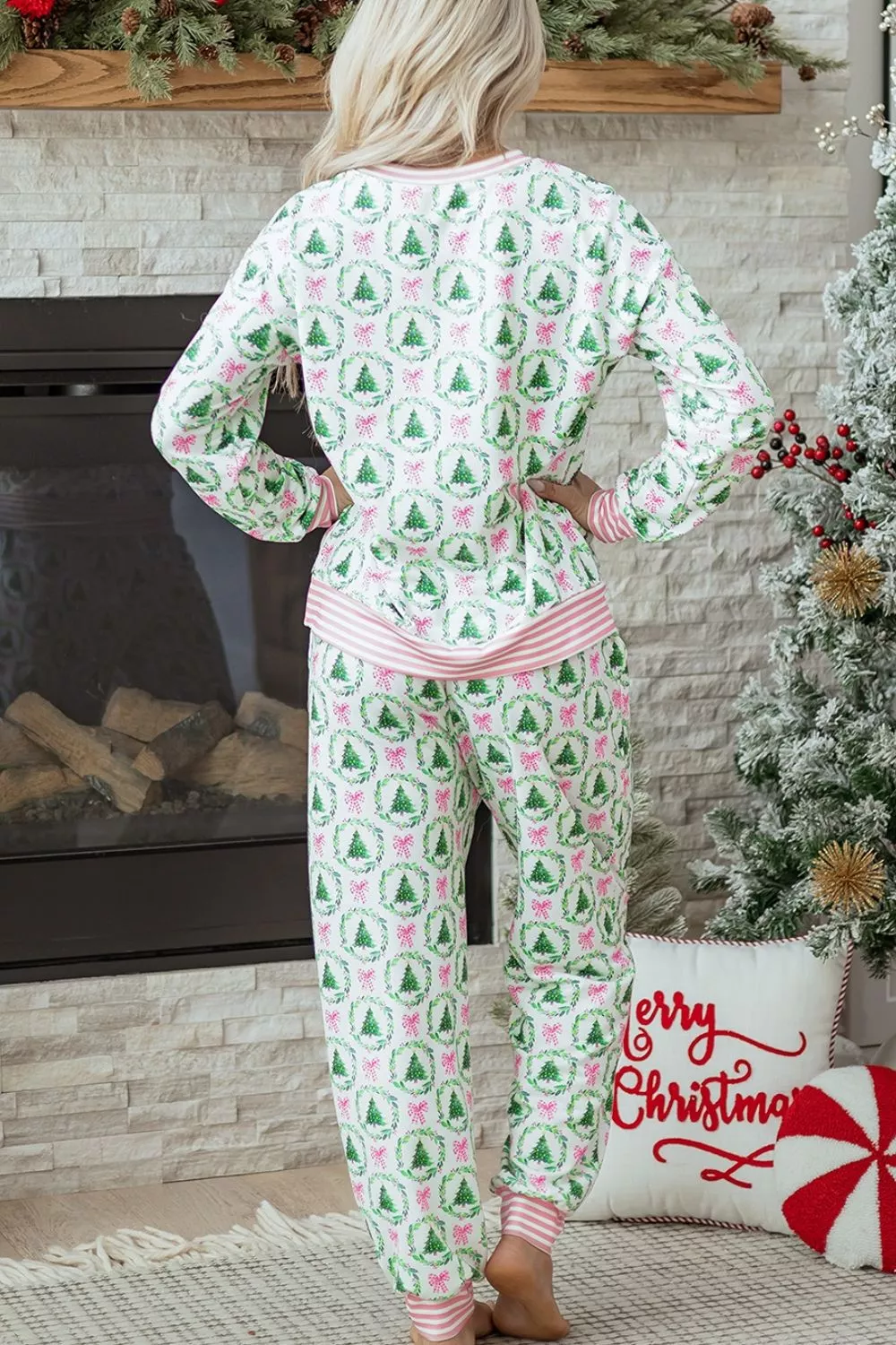 Christmas Tree Print Contrast Striped Banding 2pcs Lounge Set, image 5