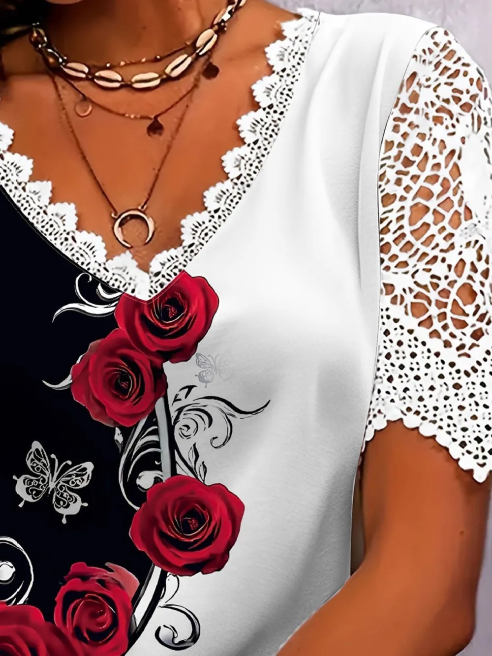 Full Size Printed Lace Sleeve V-Neck T-Shirt Plus Size, image 4