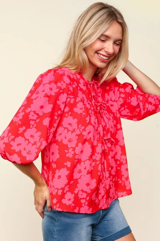 Full Size Ribbon Bow Floral Balloon Sleeve Blouse, image 3