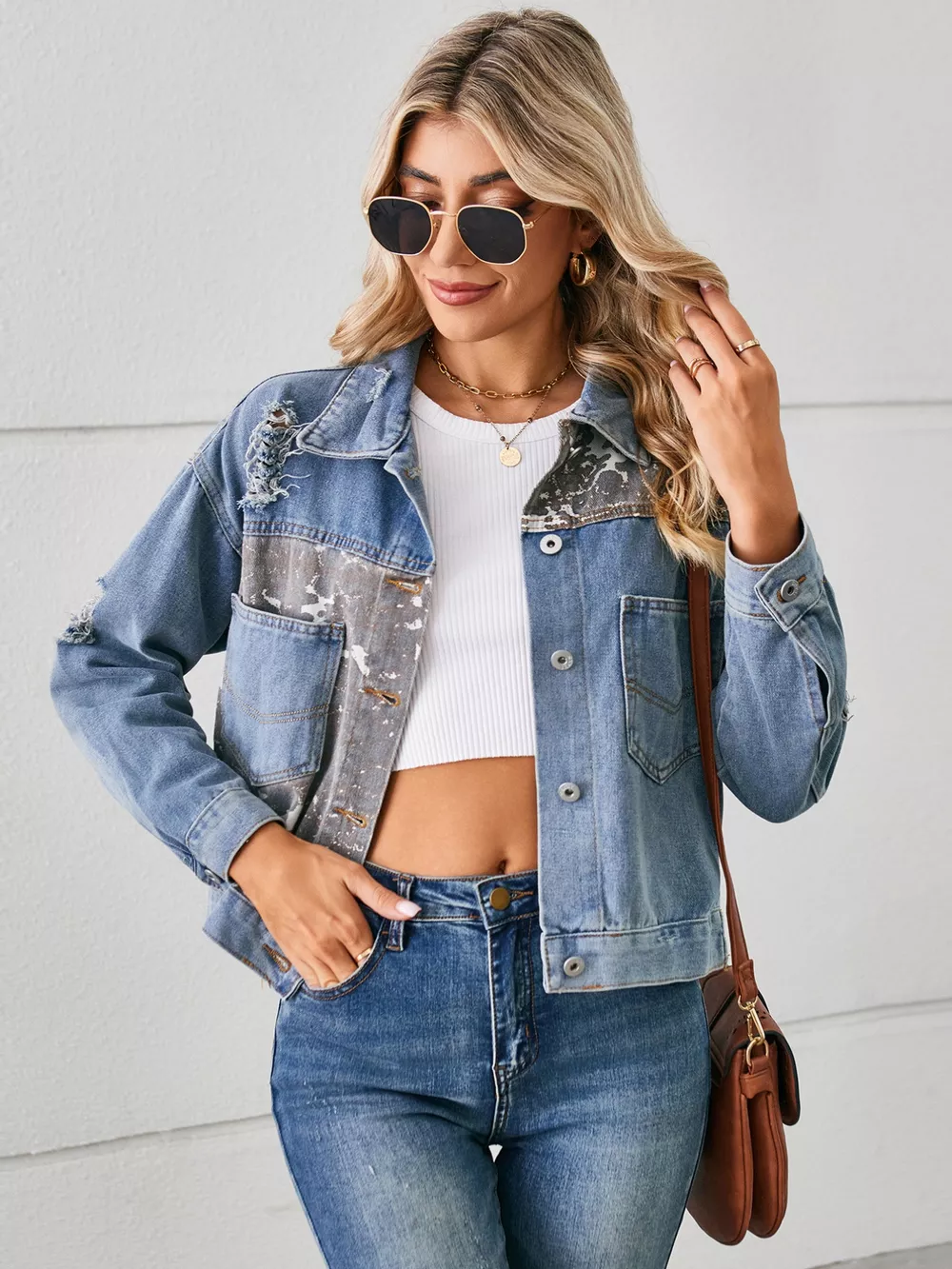 Snake Print Button Up Denim Jacket, image 11