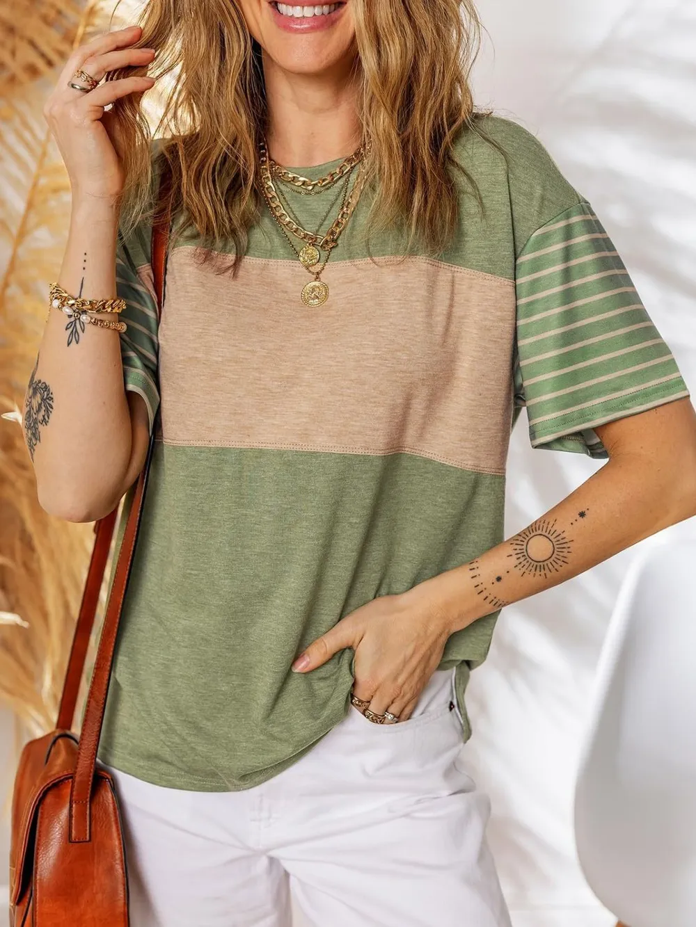 Color Block Striped Sleeve Casual T-Shirt, image 3