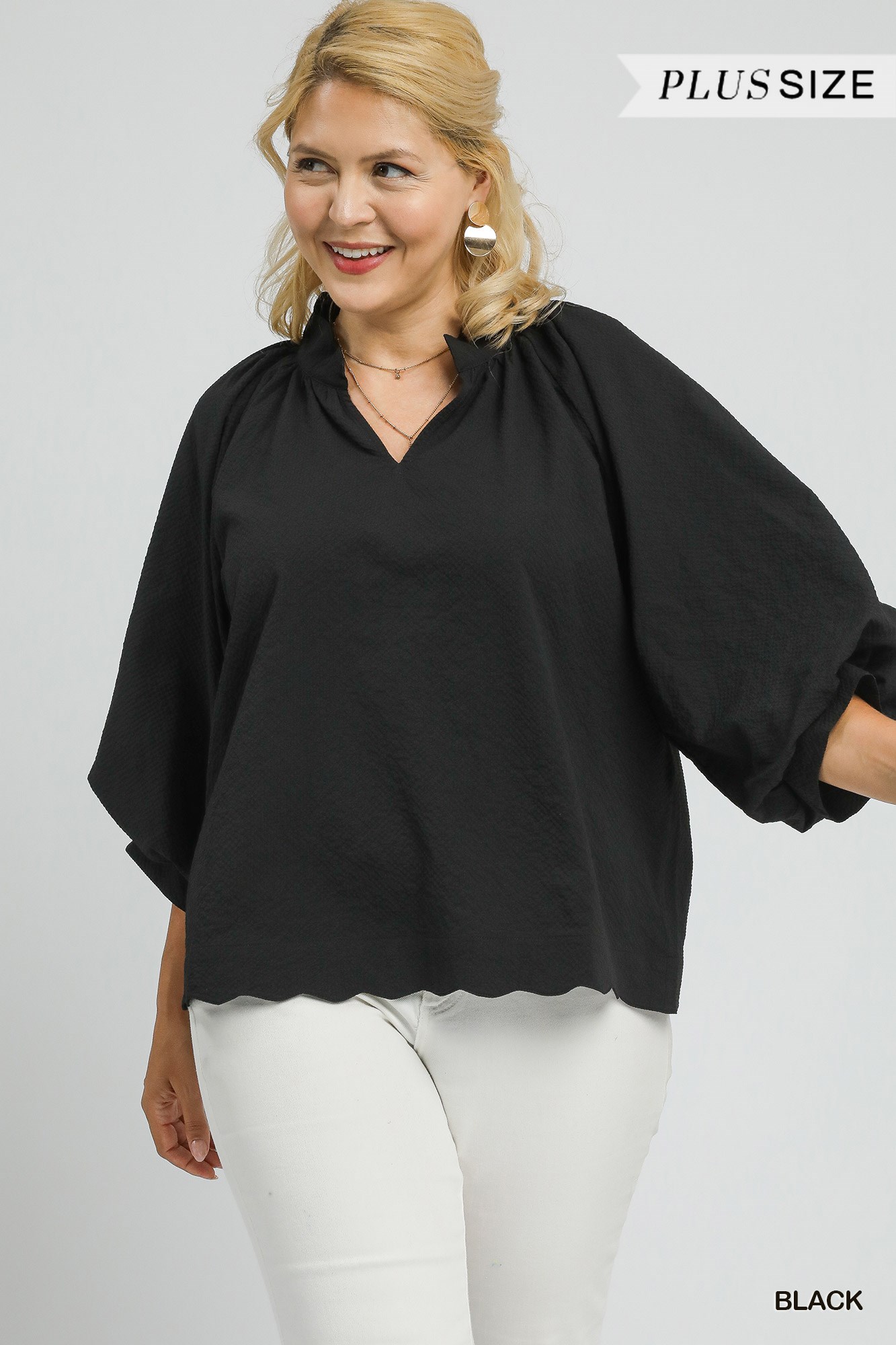 Full Size Textured Notched Balloon Sleeve Blouse Plus Size, image 6