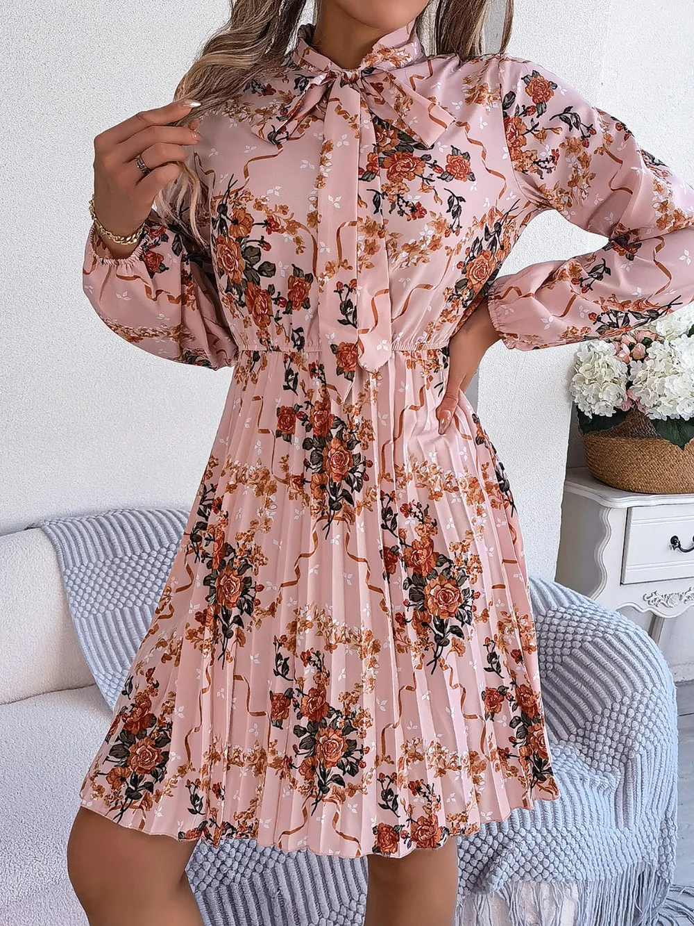 Pleated Printed Tie Neck Long Sleeve Dress, image 4
