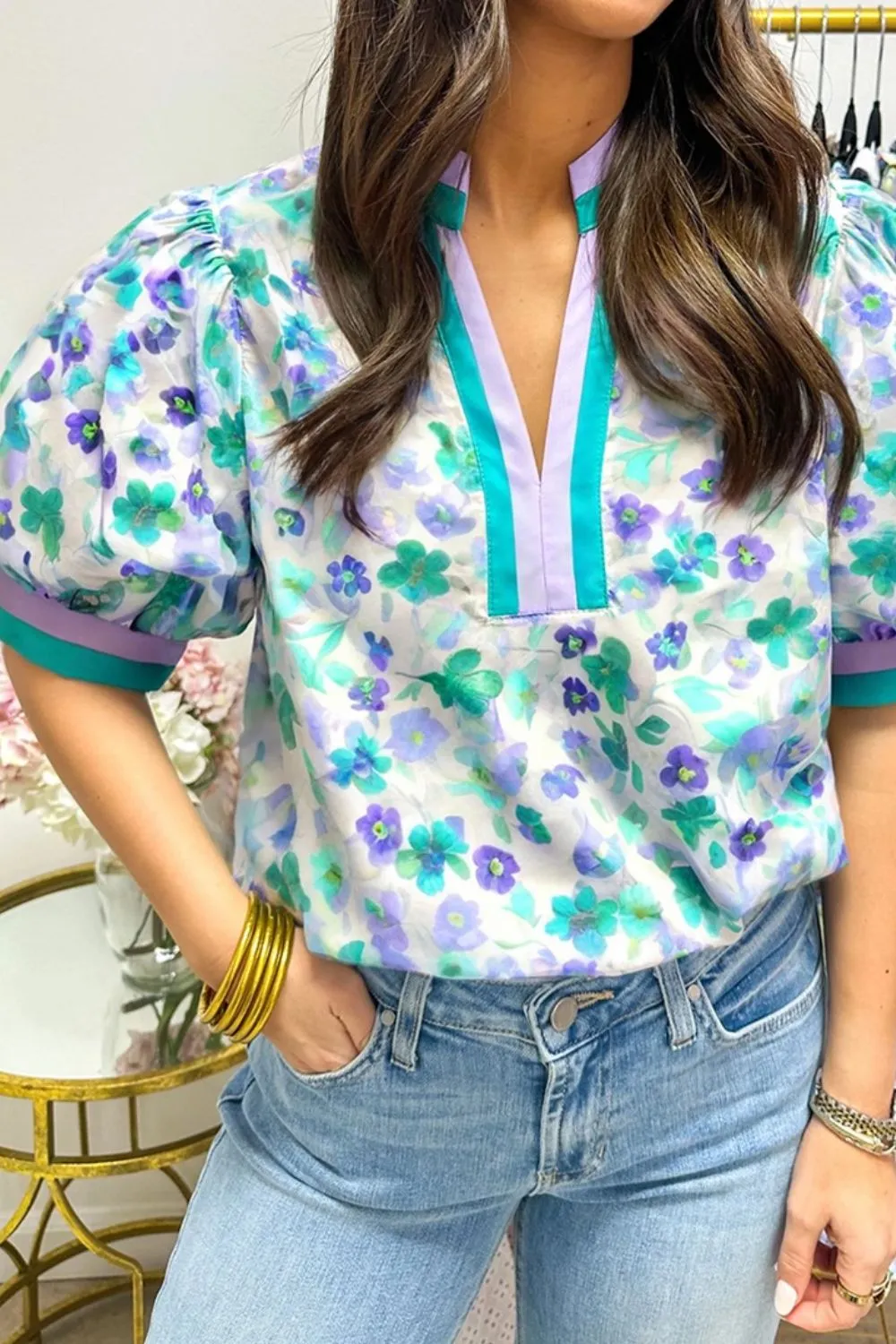Floral Print Puff Sleeve Notched Blouse, image 4