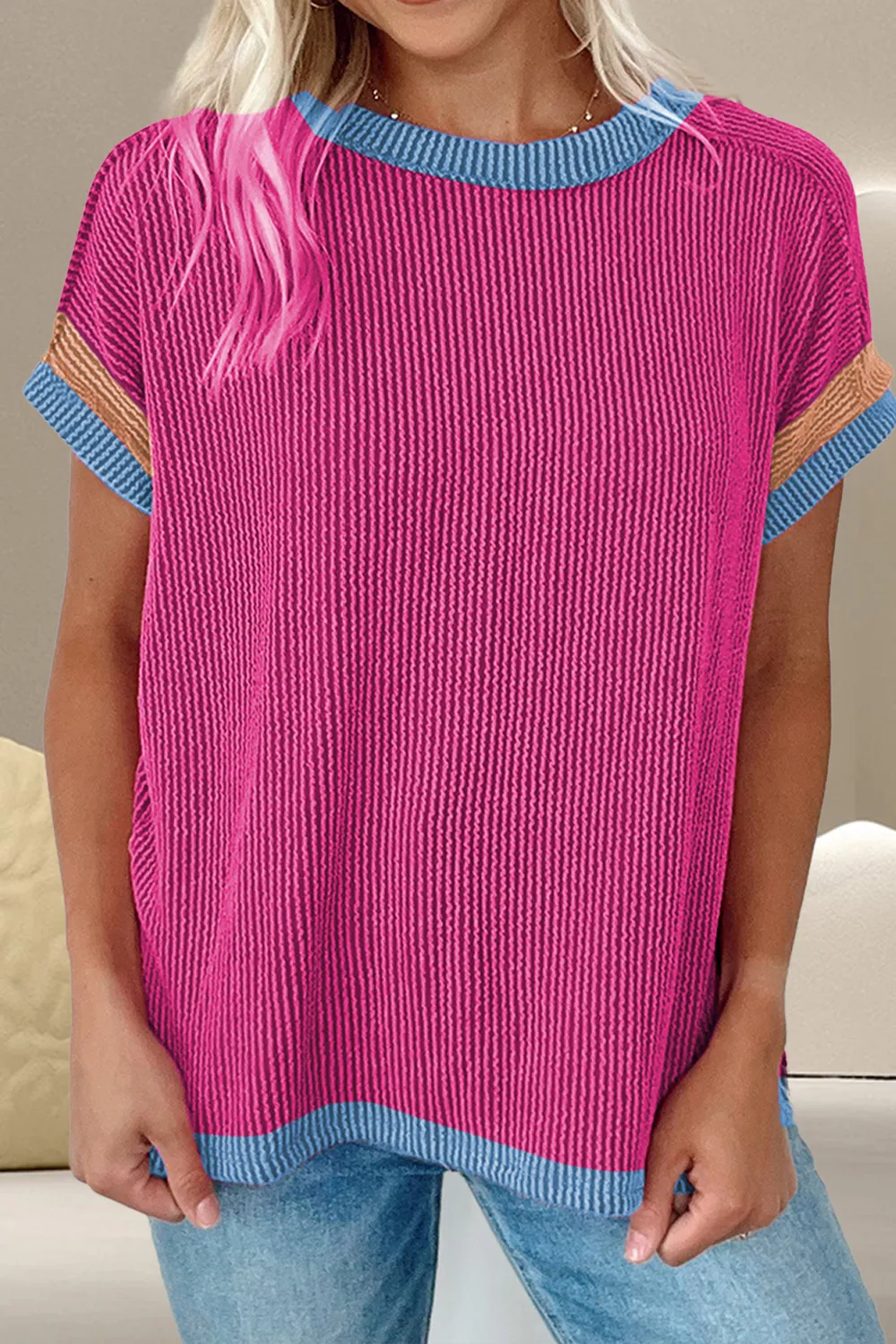 Color Block Round Neck Cap Sleeve T-Shirt, image 10