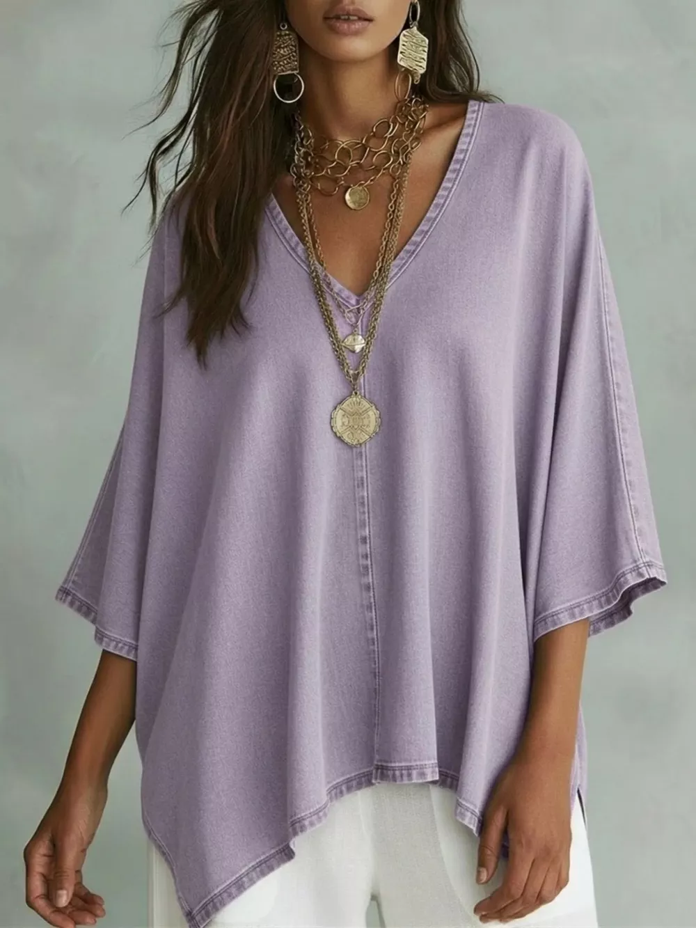 V-Neck Batwing Sleeve T-Shirt, image 5