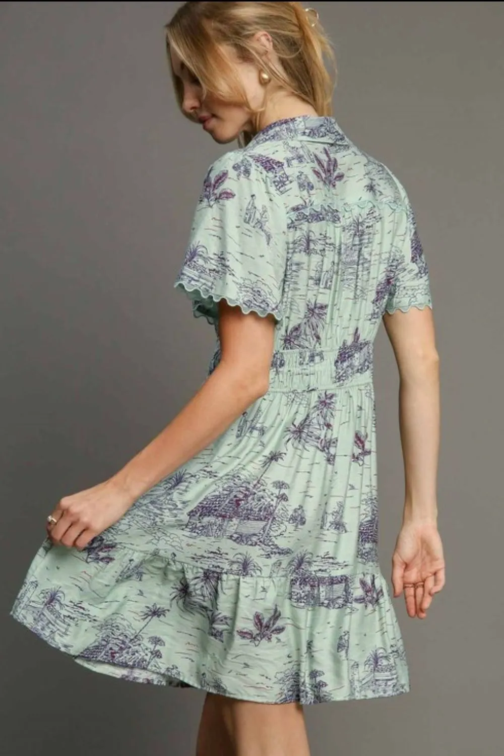 Full Size Landscape Print Collared Mini Dress Plus Size, image 2