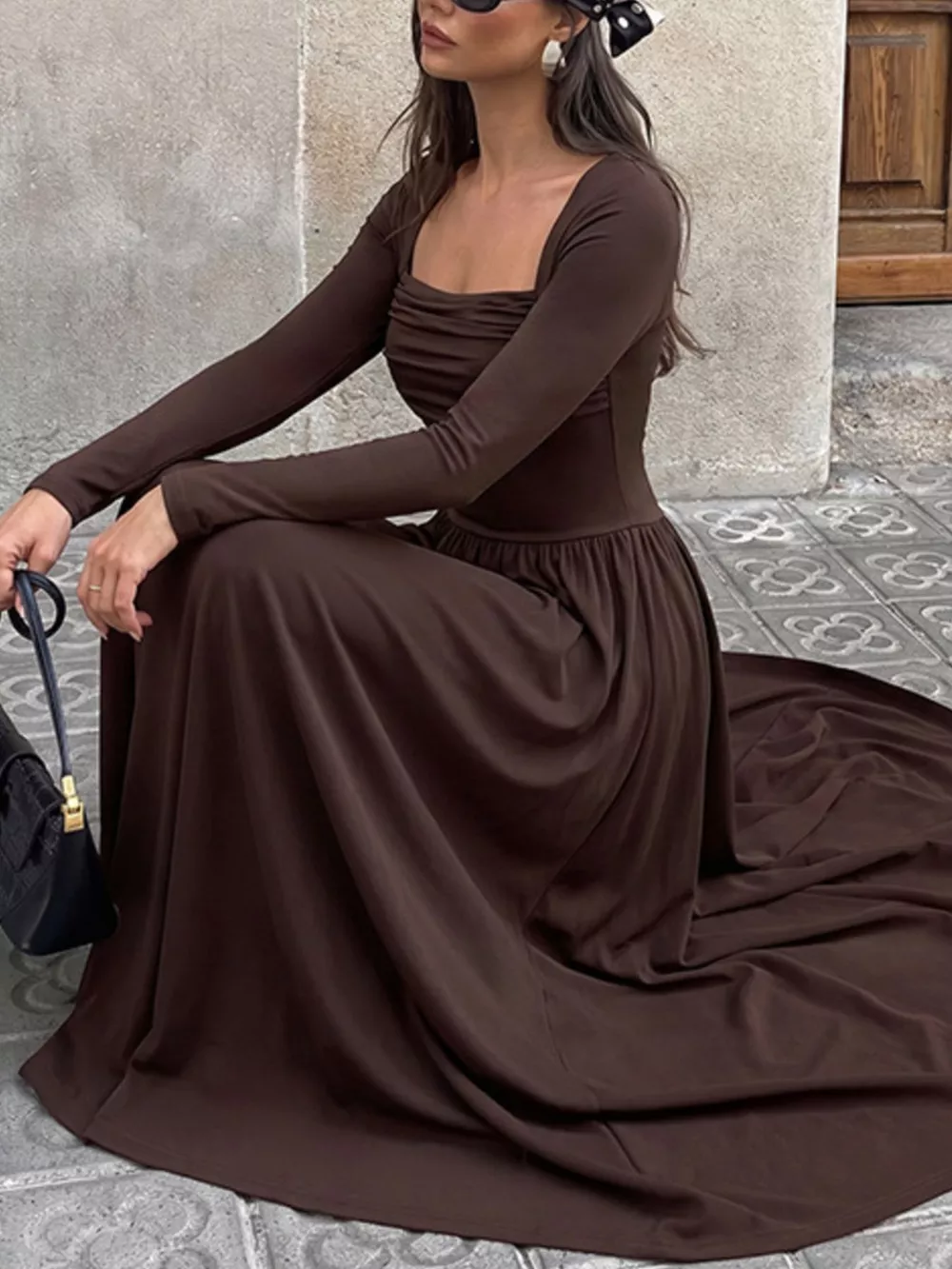 Ruched Square Neck Long Sleeve Maxi Dress, image 2