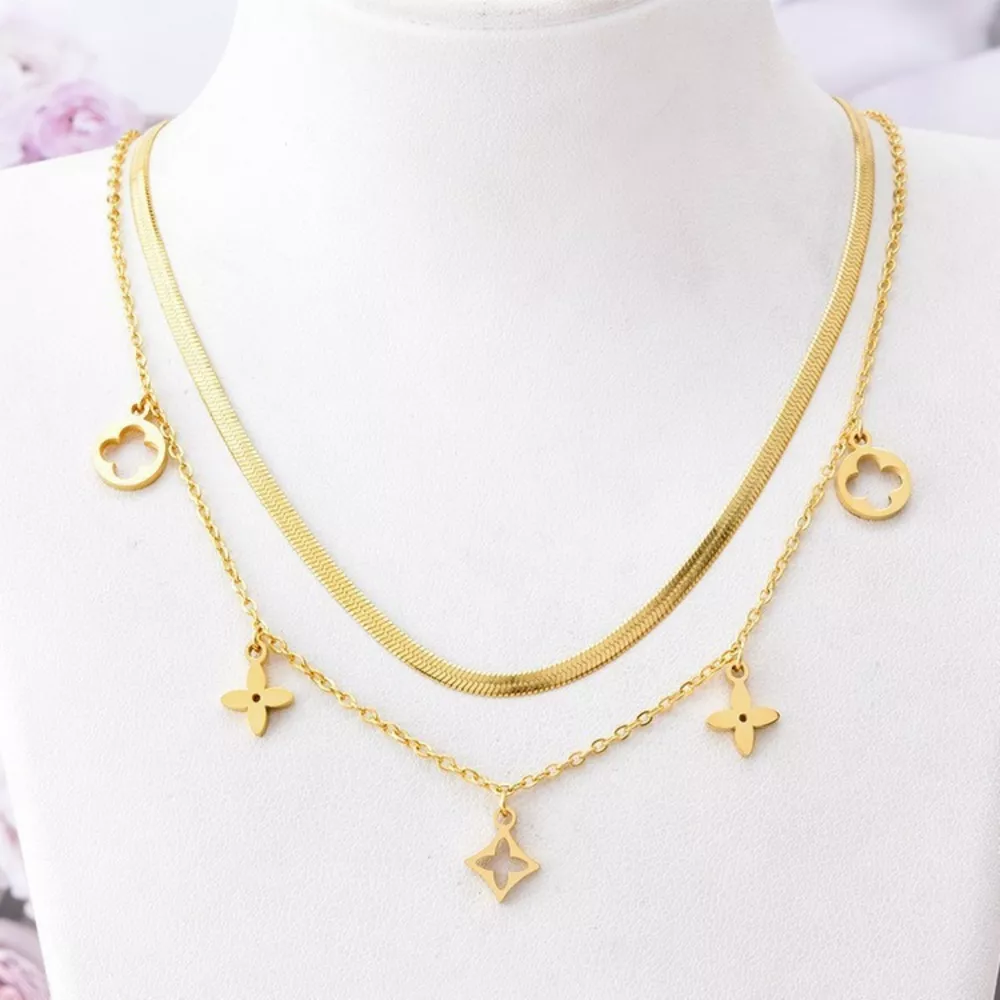 18K Gold-Plated Double Layered Charm Necklace, image 5
