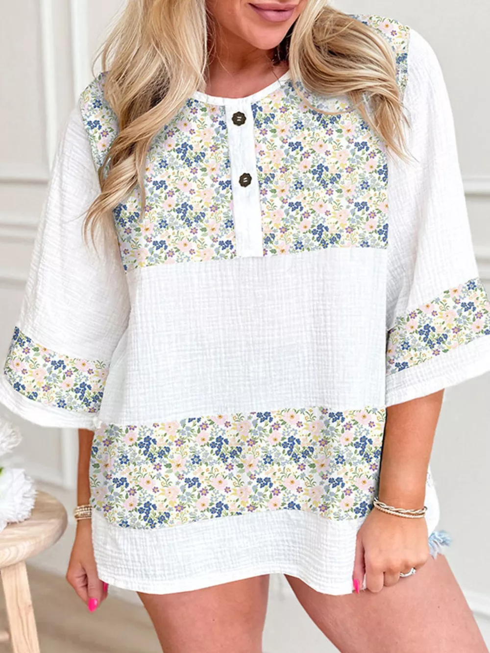 Floral Print Henley Button 3/4 Sleeve Blouse, image 7