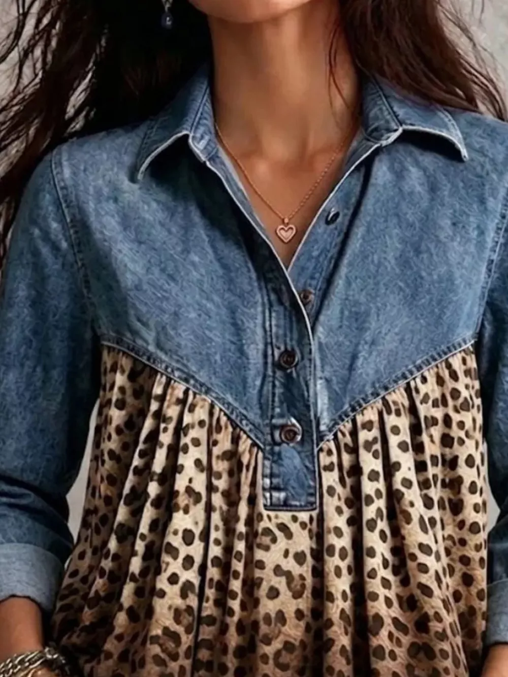 Full Size Leopard Button Detail Blouse Plus Size, image 3