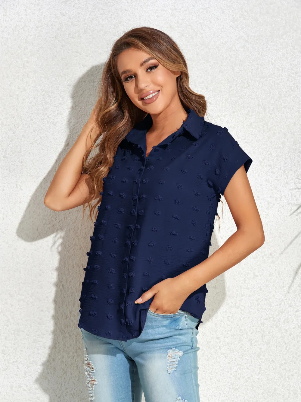 Swiss Dot Button Up Cap Sleeve Shirt, image 16