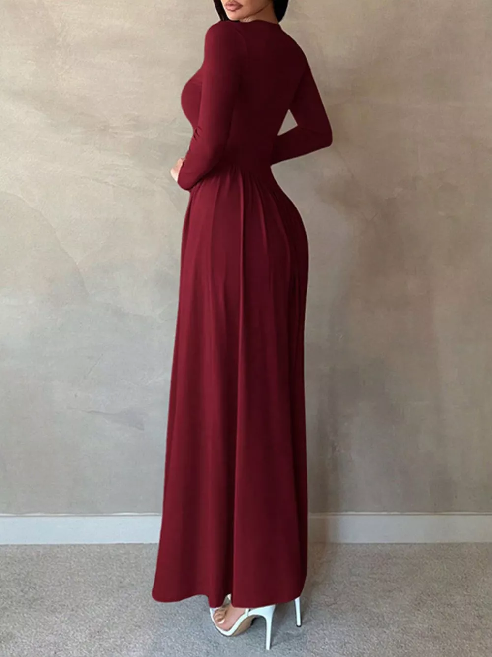 Long Sleeve Ruched A-Line Maxi Dress, image 9
