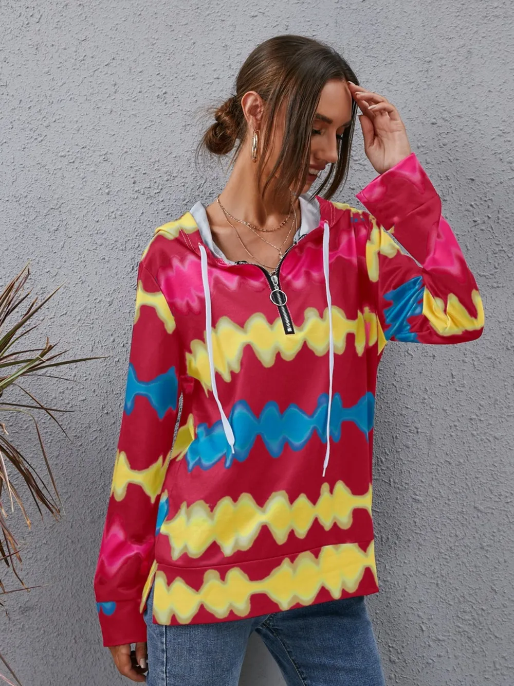 Contrast Quarter Zip Dropped Shoulder Hoodie, image 5