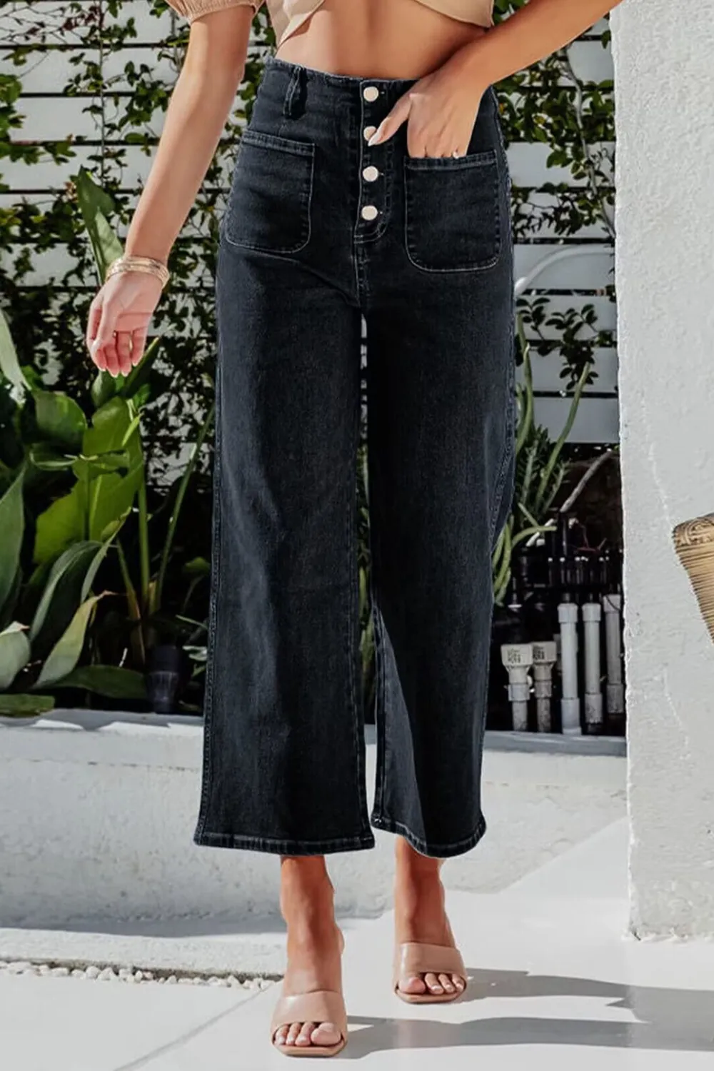 Button Fly Cropped Wide Leg Jeans