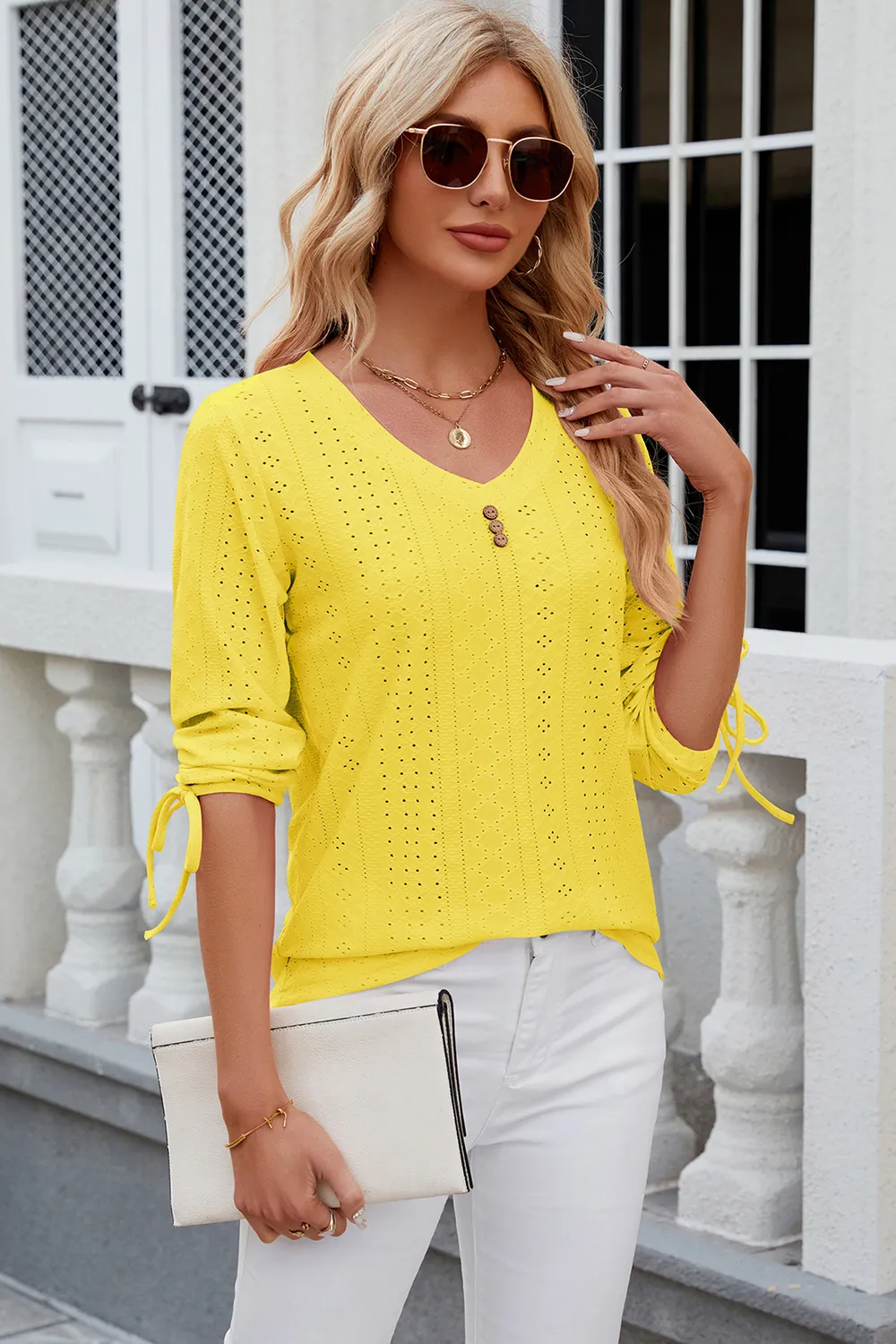 Eyelet Drawstring V-Neck Half Sleeve T-Shirt, image 21
