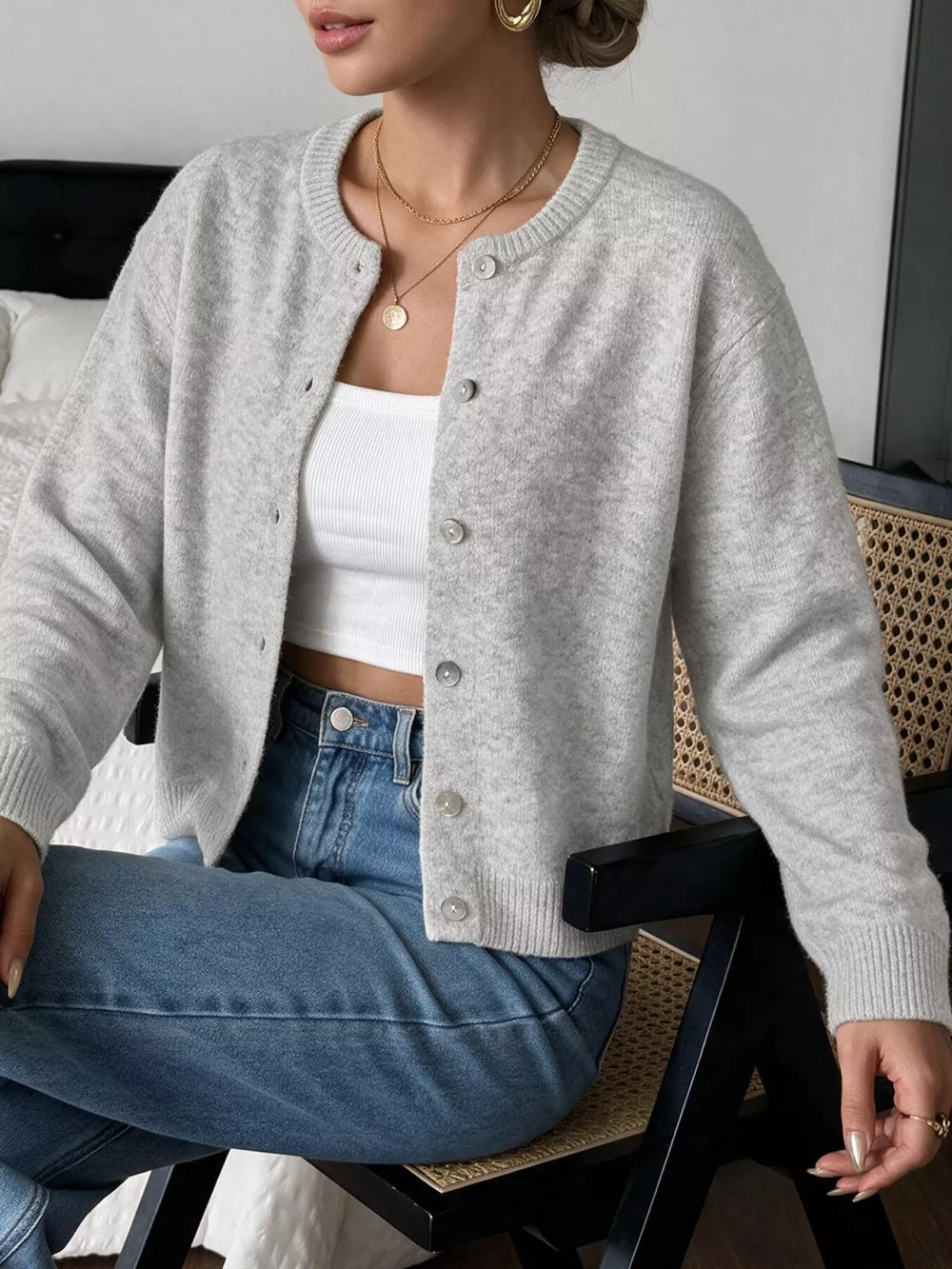 Crew Neck Button-Down Cardigan, image 11