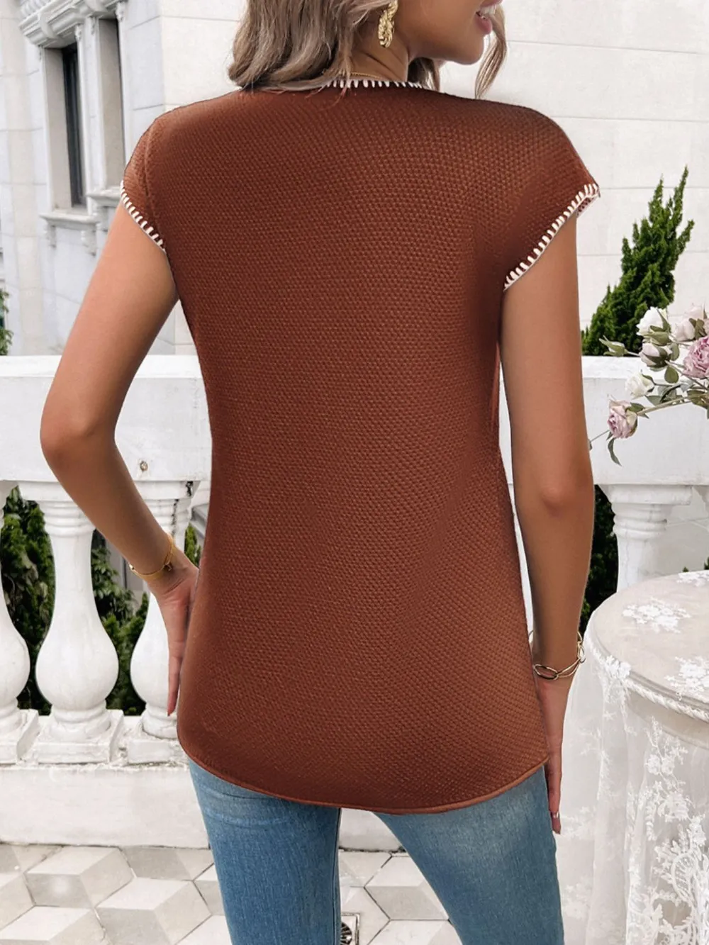 Round Neck Cap Sleeve Knit Top, image 2