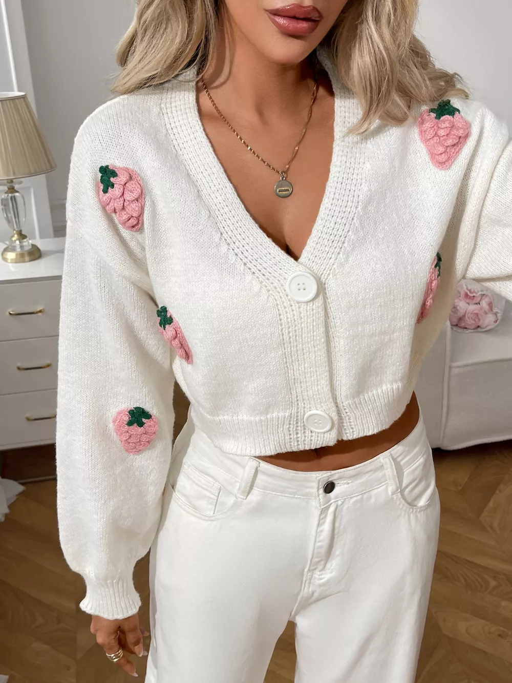 Strawberry Cropped Button-Up Cardigan, image 17