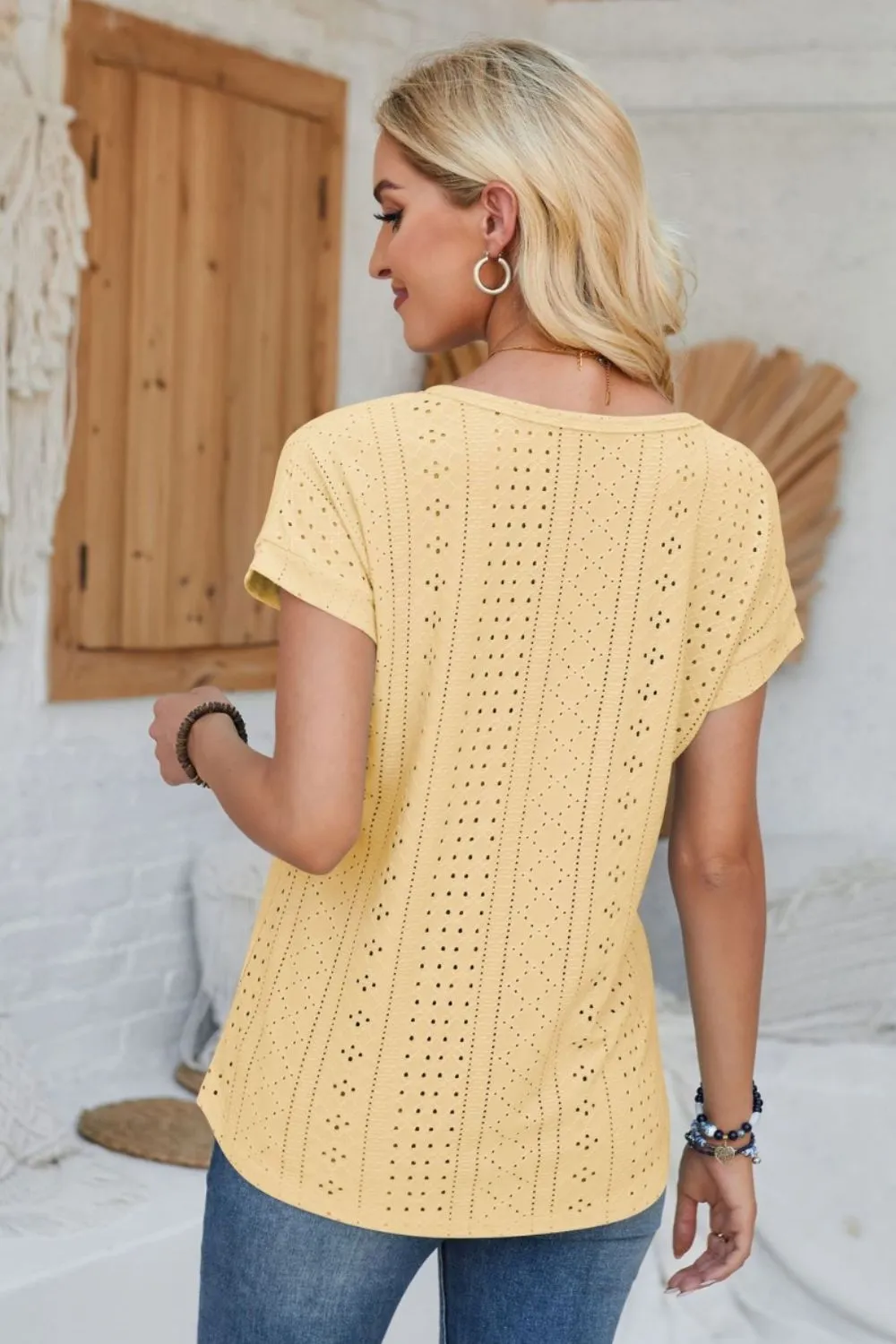 Eyelet Round Neck Rolled Short Sleeve T-Shirt, image 3