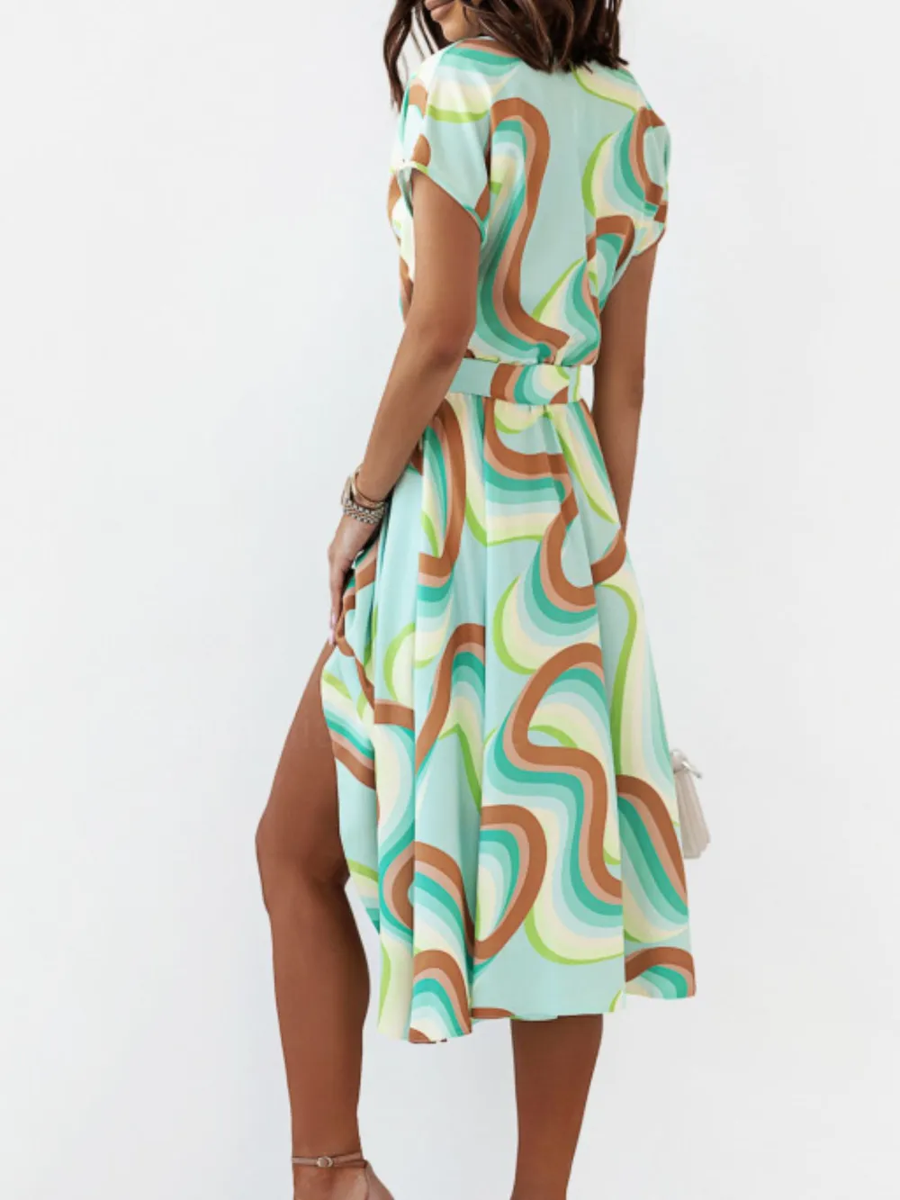 Printed Button Front Midi Dress with Belt, image 10