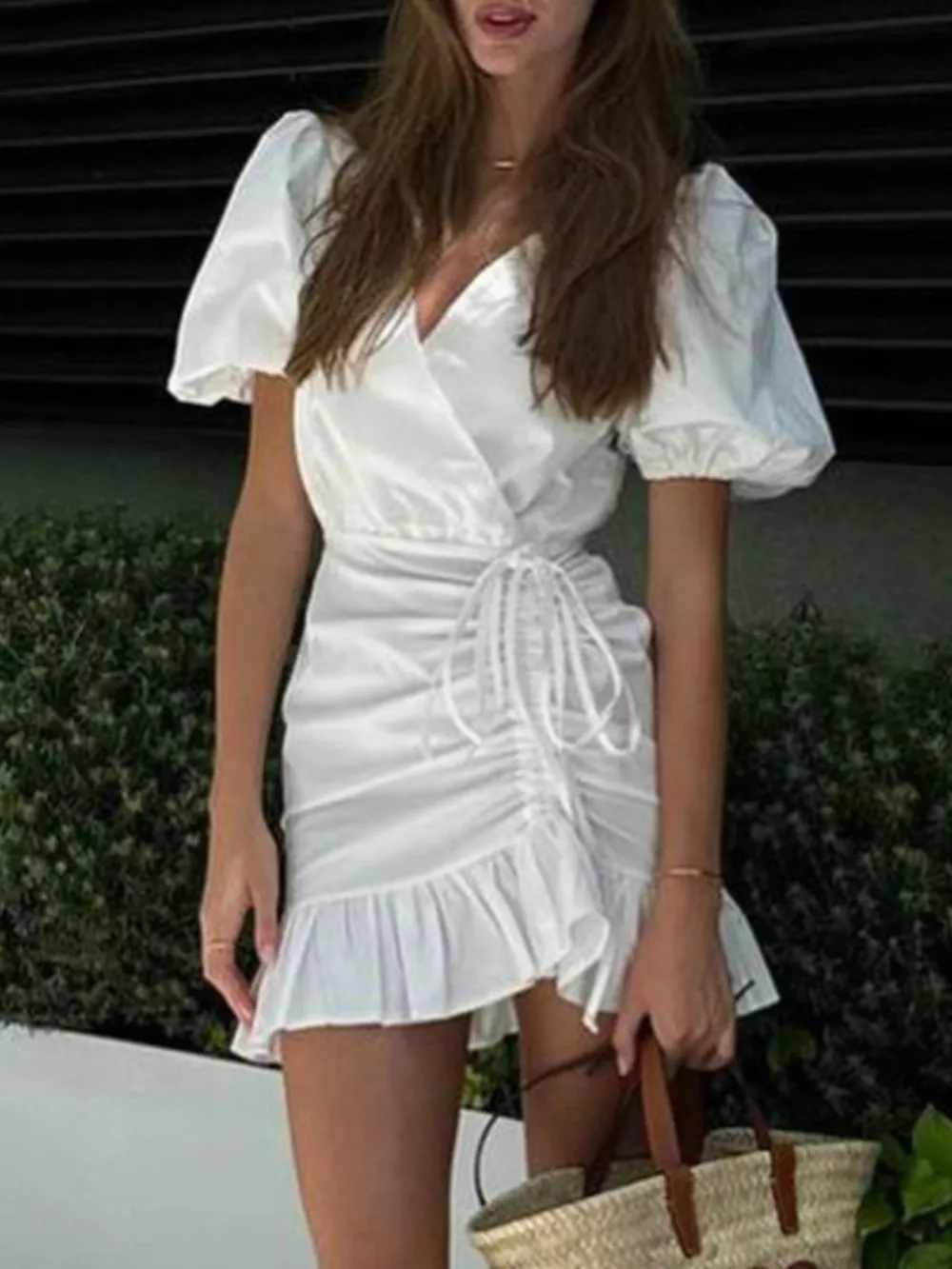 Ruffled Hem Ruched Puff Sleeve Mini Dress, image 2