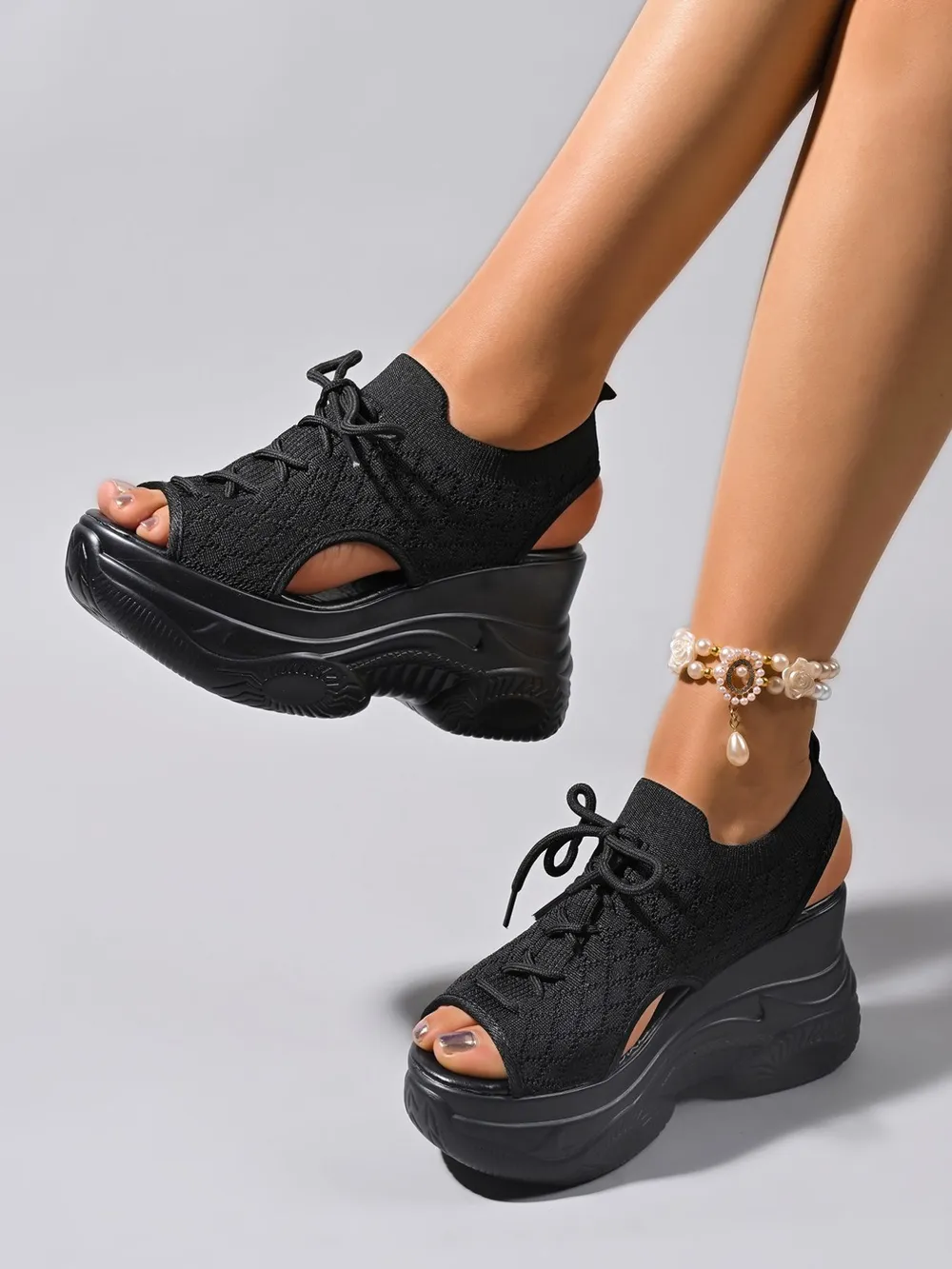 Cutout Lace Up Platform Wedge Sandals, image 7